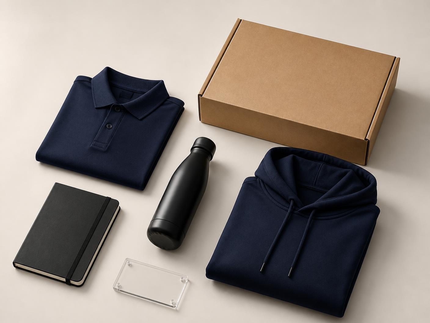 Compoziție cu textile, obiecte promoționale și o cutie de kit corporate