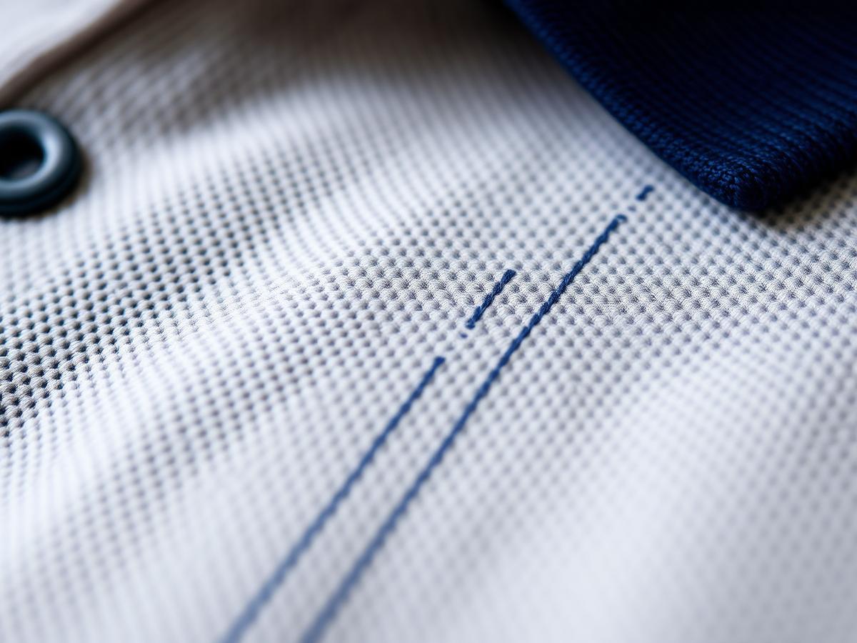 Detaliu macro cu broderie cu fir bleumarin pe material de polo